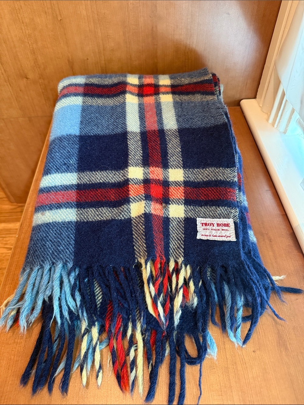 Vintage Troy Robe Plaid Wool Blanket Throw Blue, Red & Cream Lauren Vibes